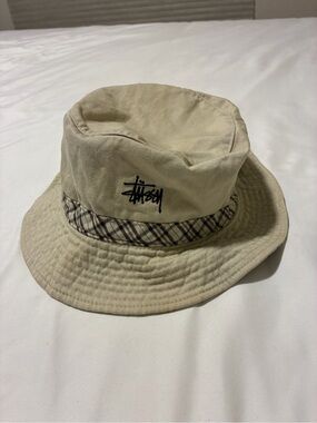 Stussy Beige Bucket Hat with Plaid Band